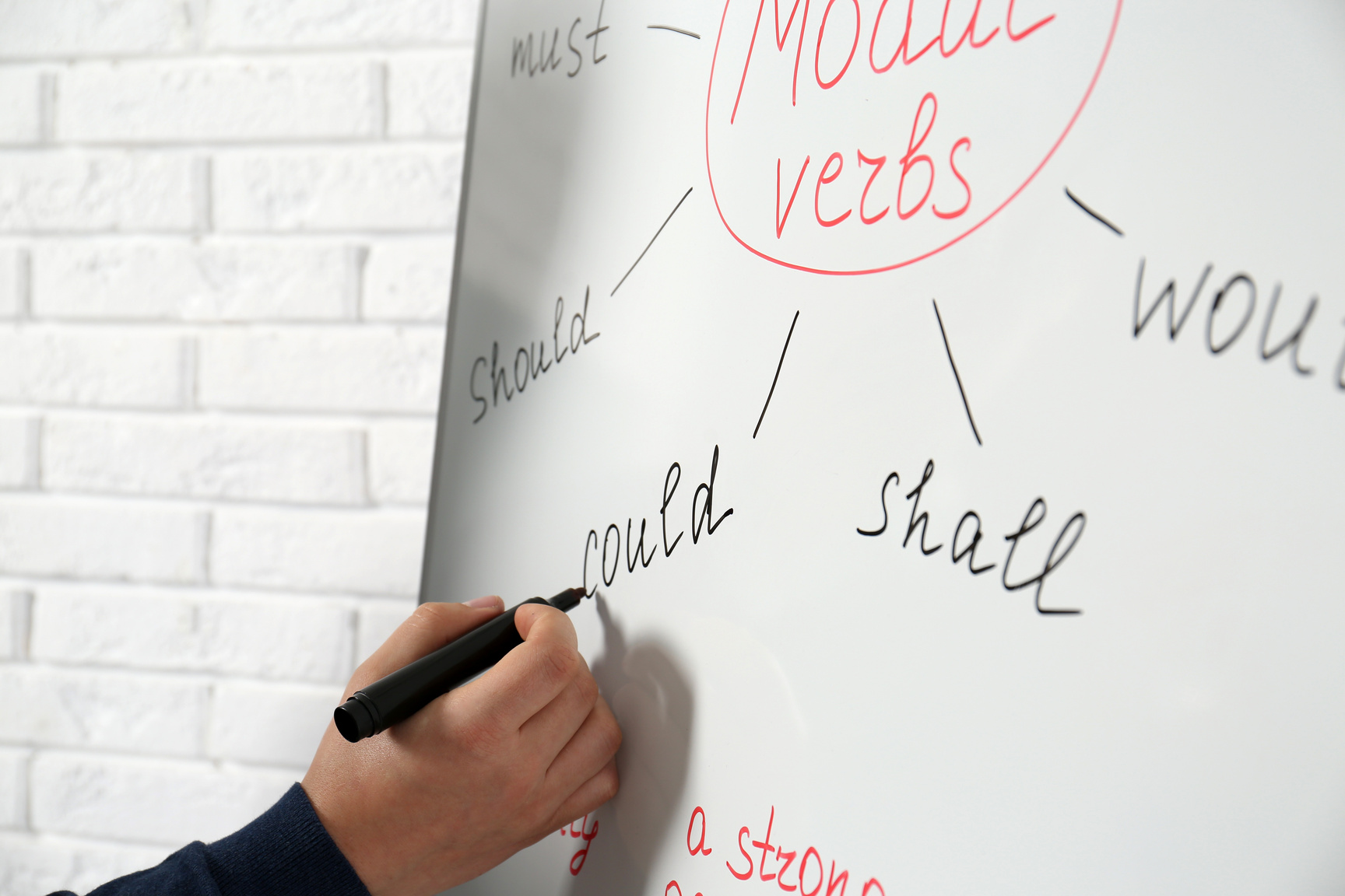 English Teacher Giving Lesson on Modal Verbs near Whiteboard, Cl
